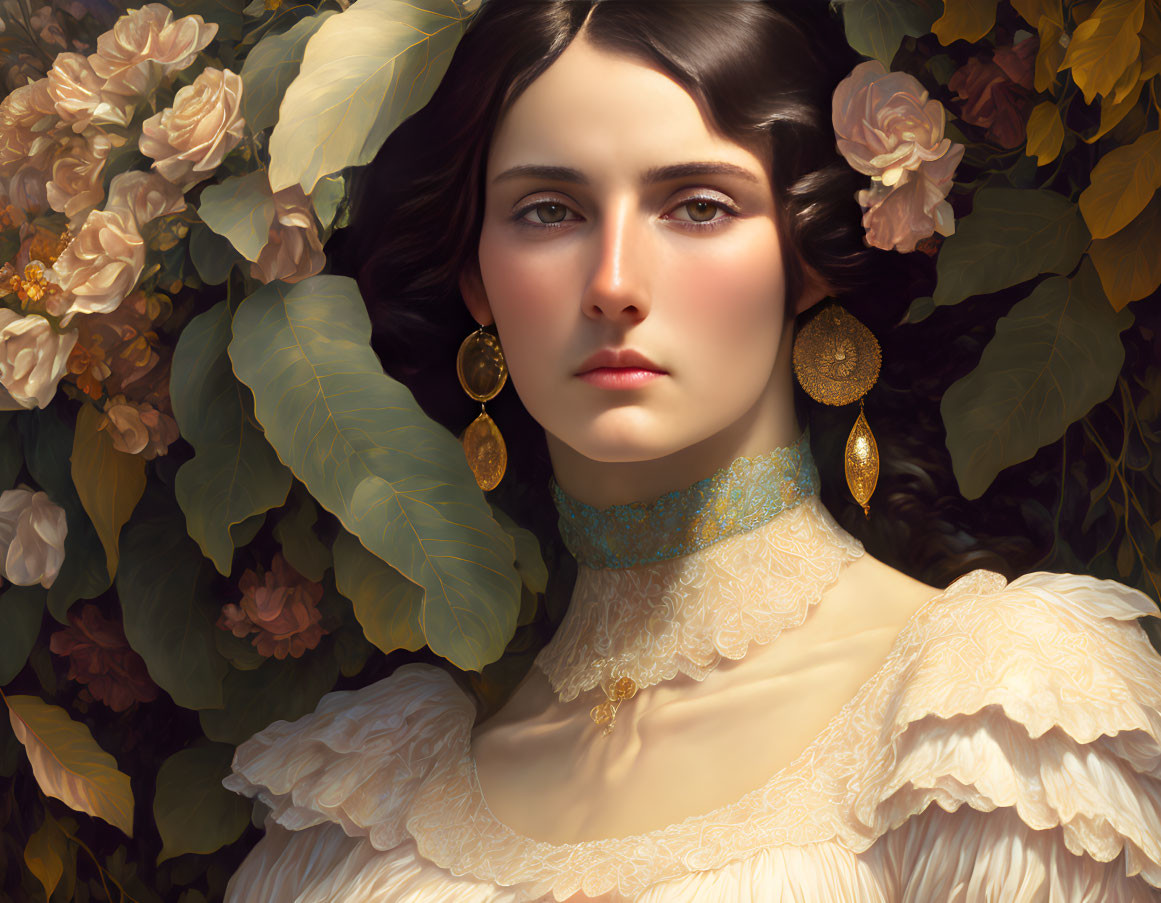 Portrait of woman in white vintage dress with choker and gold earrings against floral backdrop