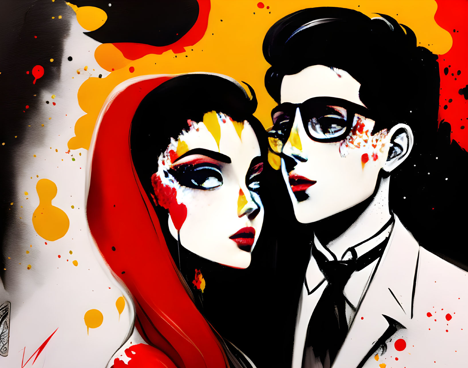 Colorful Stylized Artwork of Man and Woman with Splattered Paint Effects