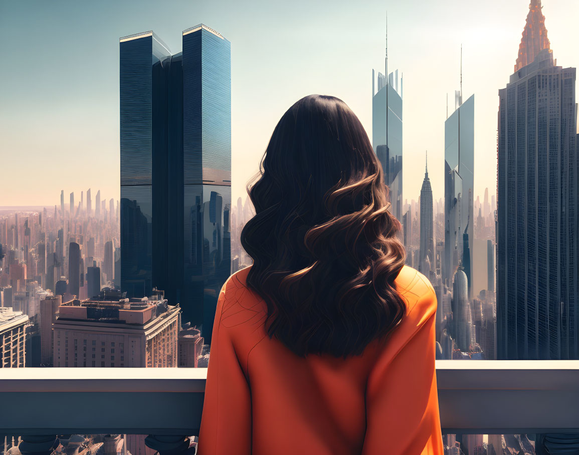 Woman in Orange Jacket Observing Futuristic Cityscape