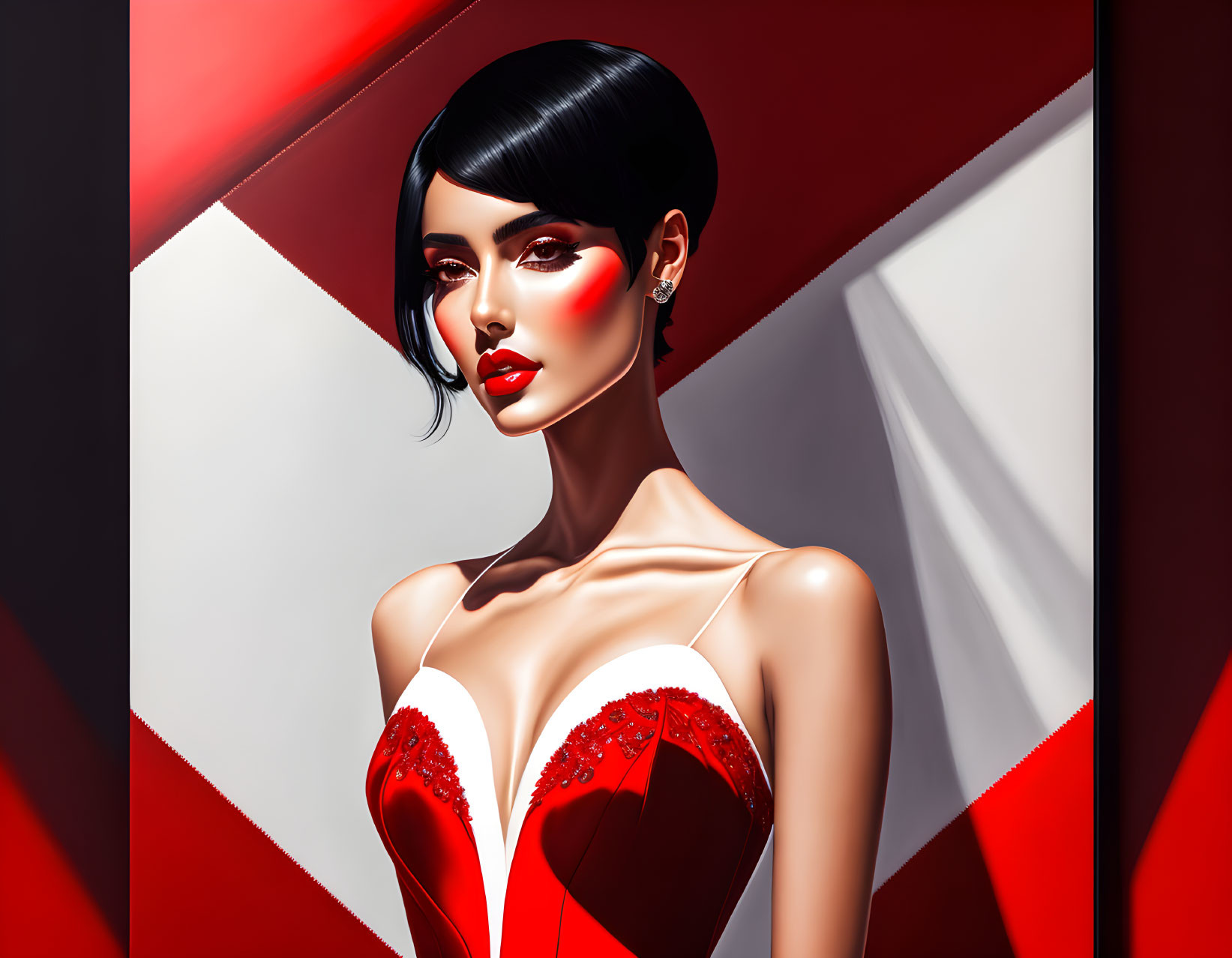 Woman with Black Hair and Red Makeup in Red and White Dress on Geometric Background