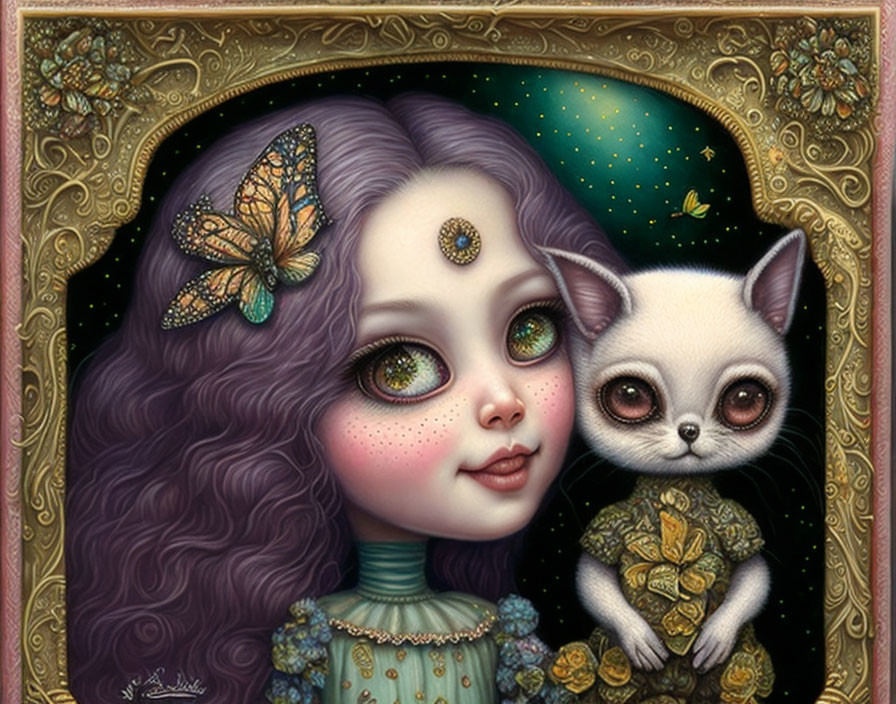 Whimsical illustration of girl with sparkling eyes and purple hair alongside wide-eyed cat in golden frames with