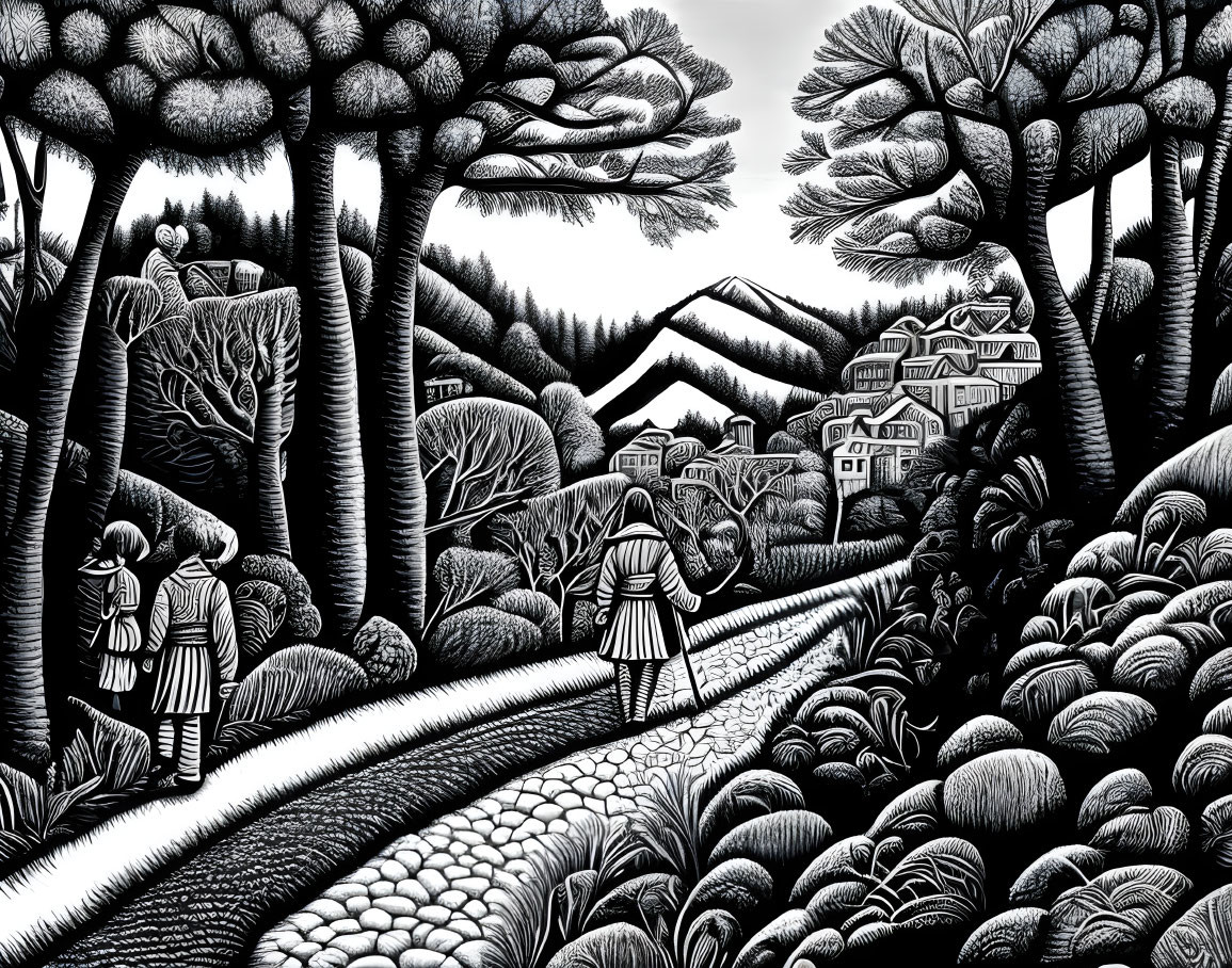 Detailed black and white rural illustration with trees, fields, buildings, and figures.