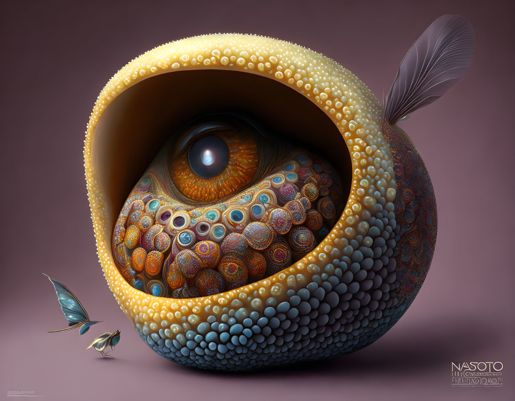 Colorful surreal illustration: Large apple-like object with eye, circular patterns, feather, and fairy creature