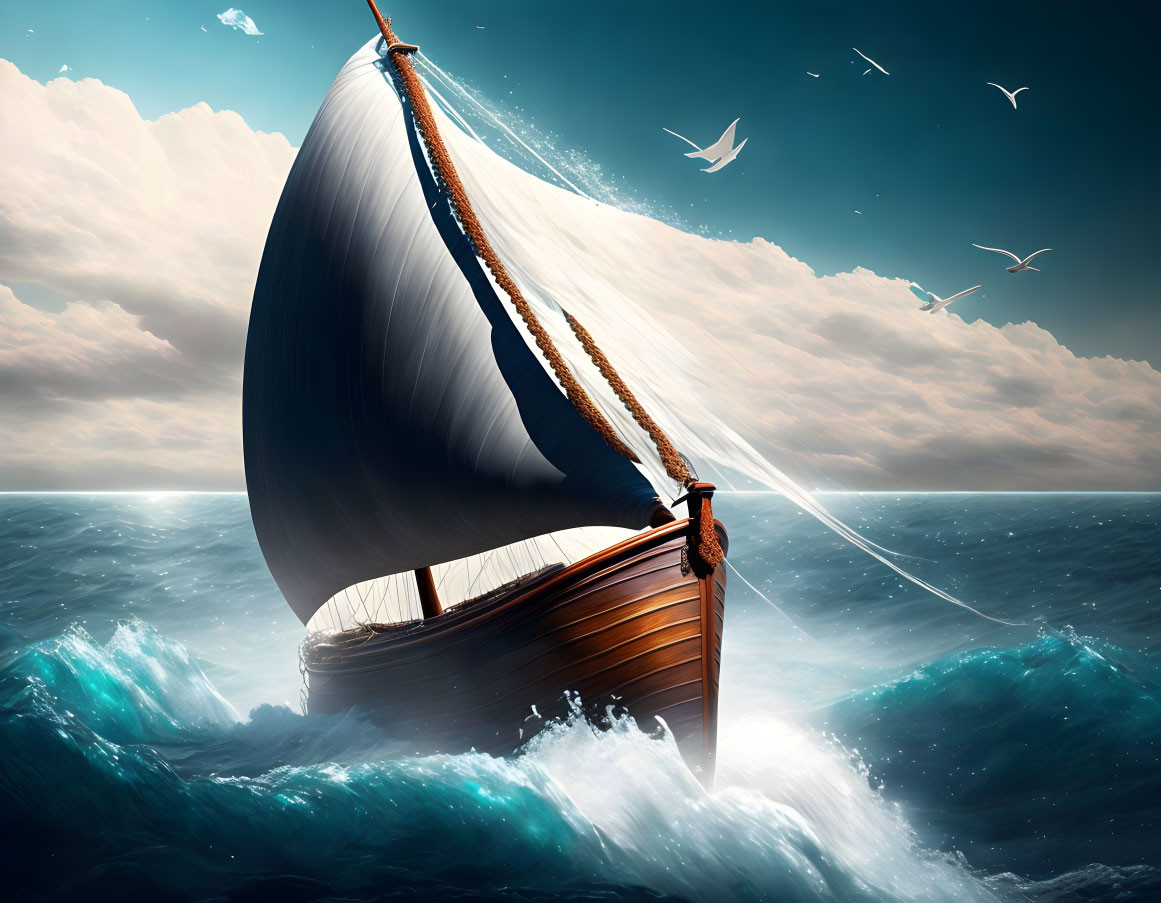 Wooden sailboat with large white sail on turbulent ocean under dramatic sky