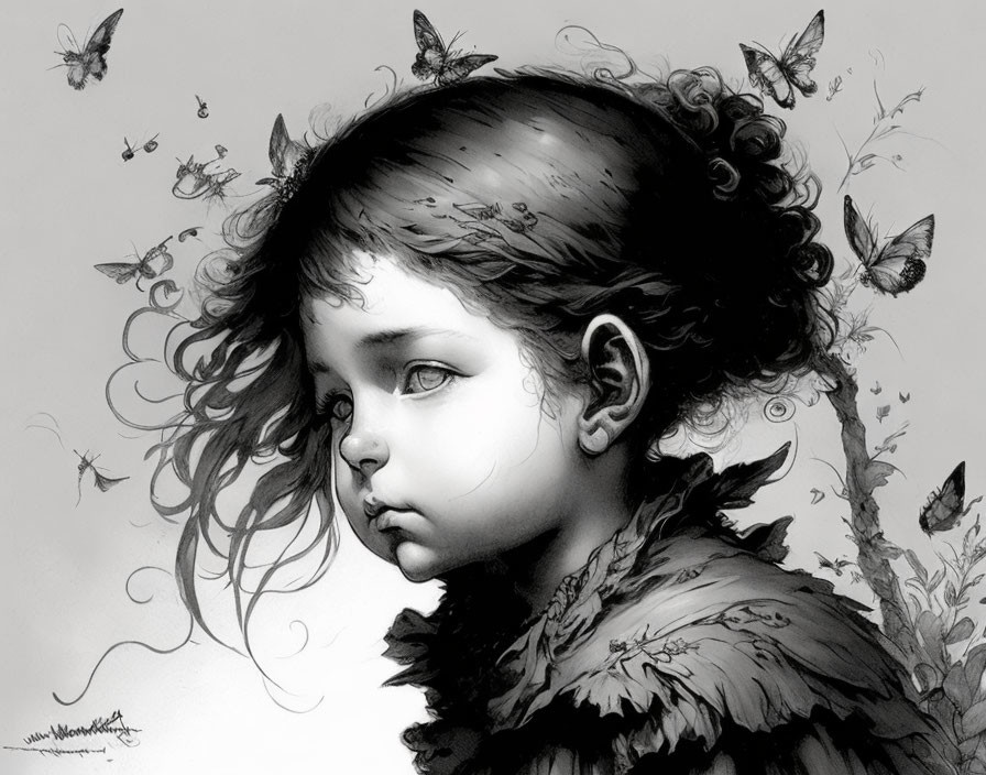 Monochromatic artwork: Young girl with butterflies and floral patterns.