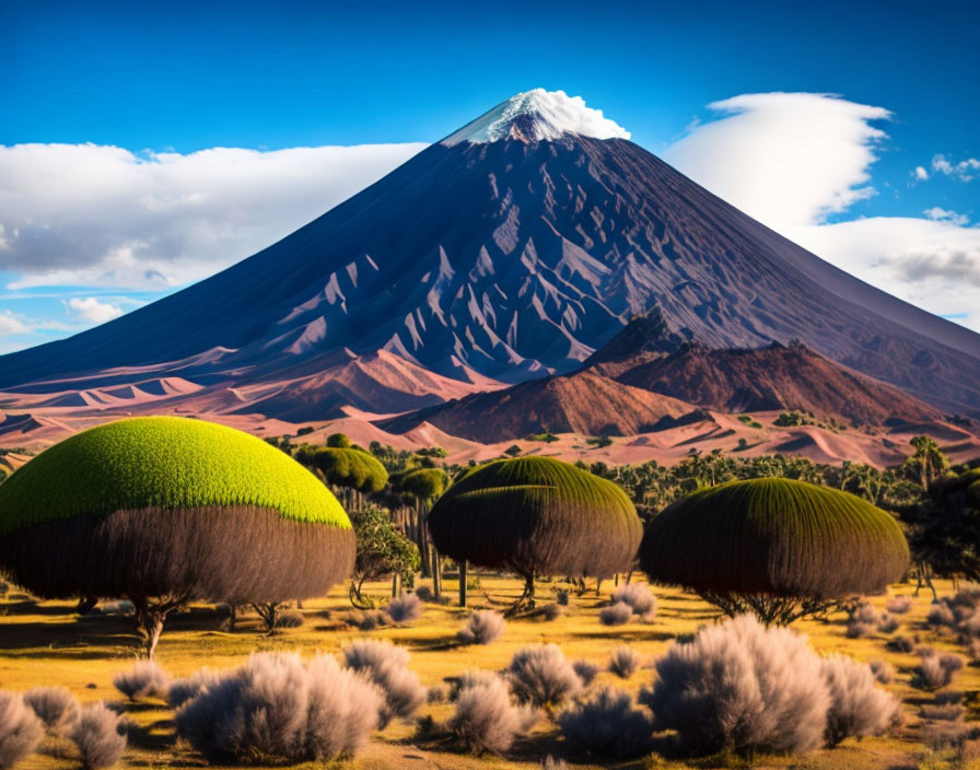 Snowy peak volcano dominates landscape with round-topped trees under blue sky