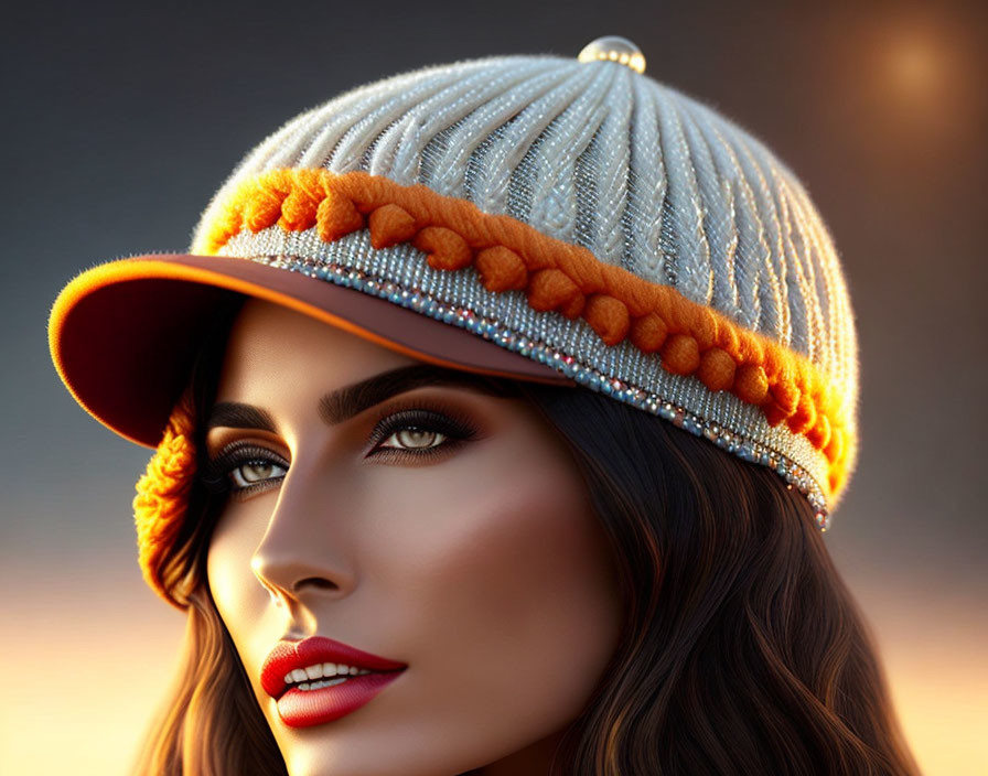 Woman with striking makeup in stylish beanie with pom-pom and visor.