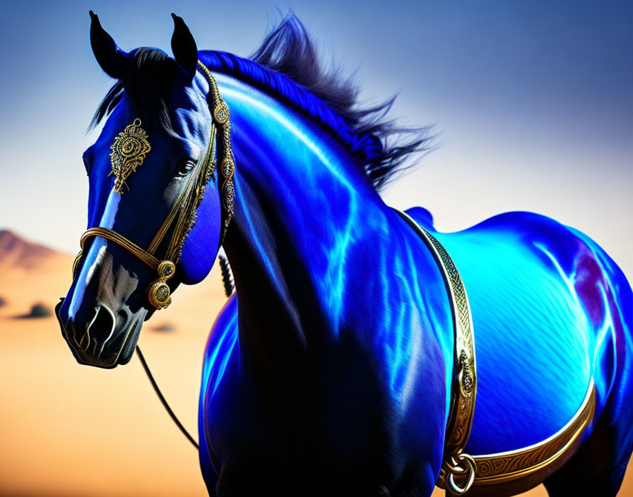 Digitally altered image: Blue-coated horse with ornate bridle in desert.