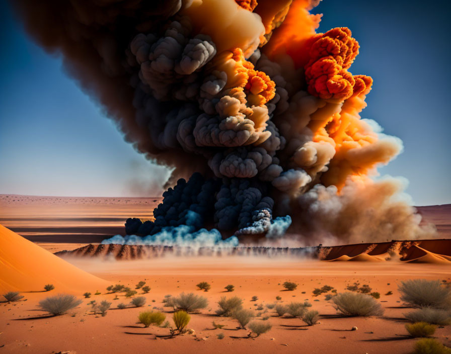 Explosion creates huge orange and gray smoke cloud in desert