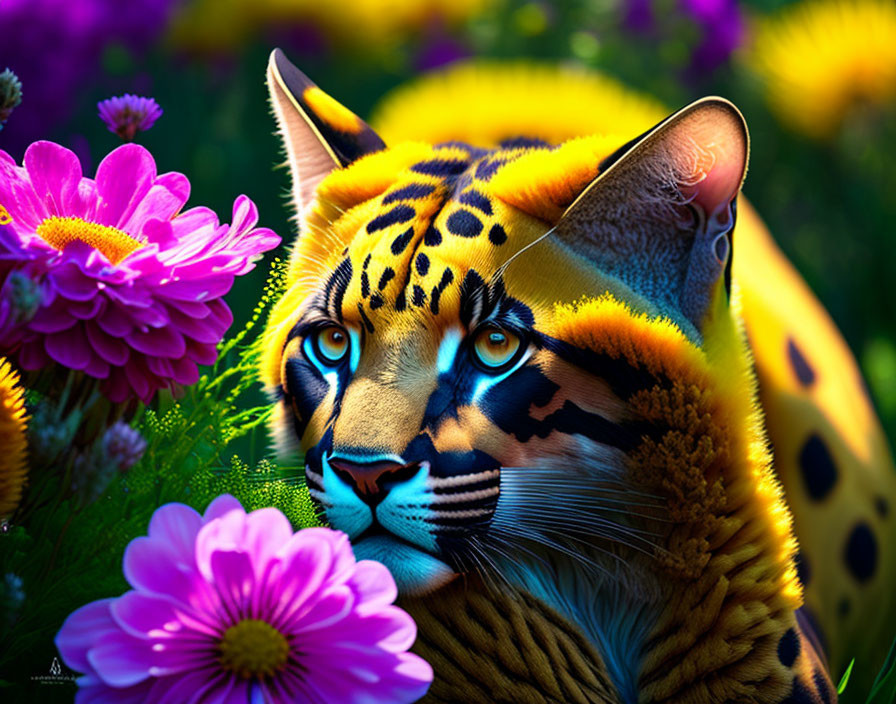 Colorful Tiger Artwork with Blue Eyes Among Pink and Purple Flowers