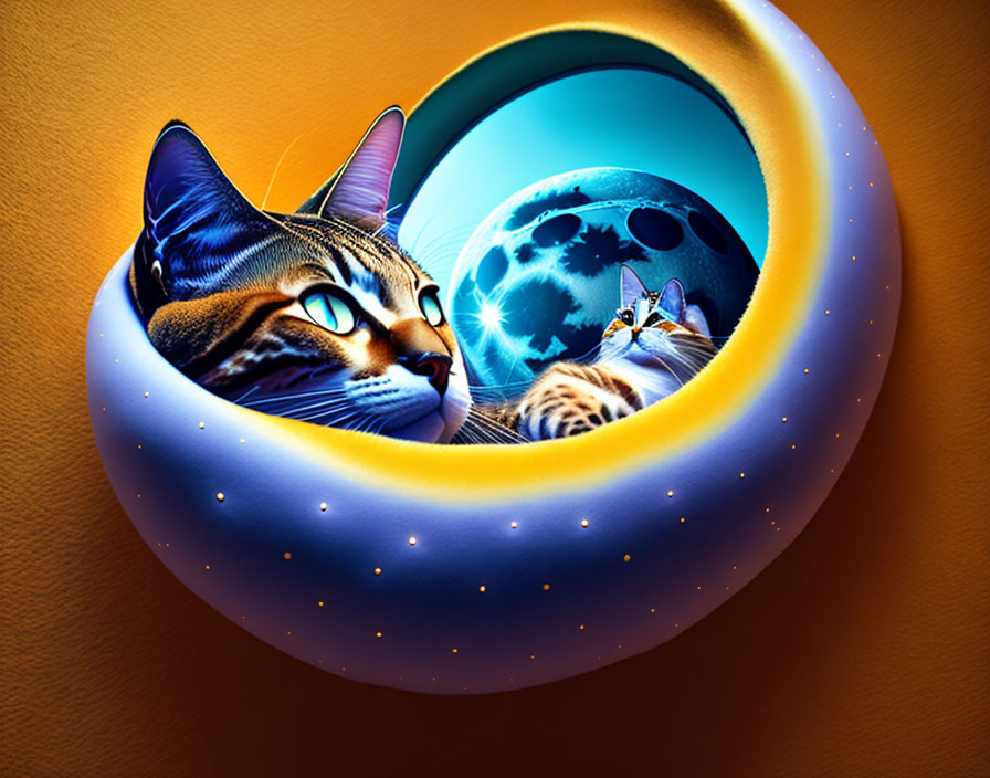 Surreal image: two cats in infinite loop with cosmic backdrop