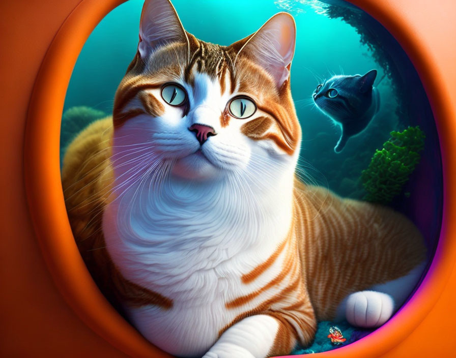 Illustration of orange tabby cat and dark cat in underwater scene