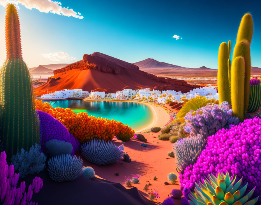 Colorful Flora Oasis by Serene Lake in Desert Landscape