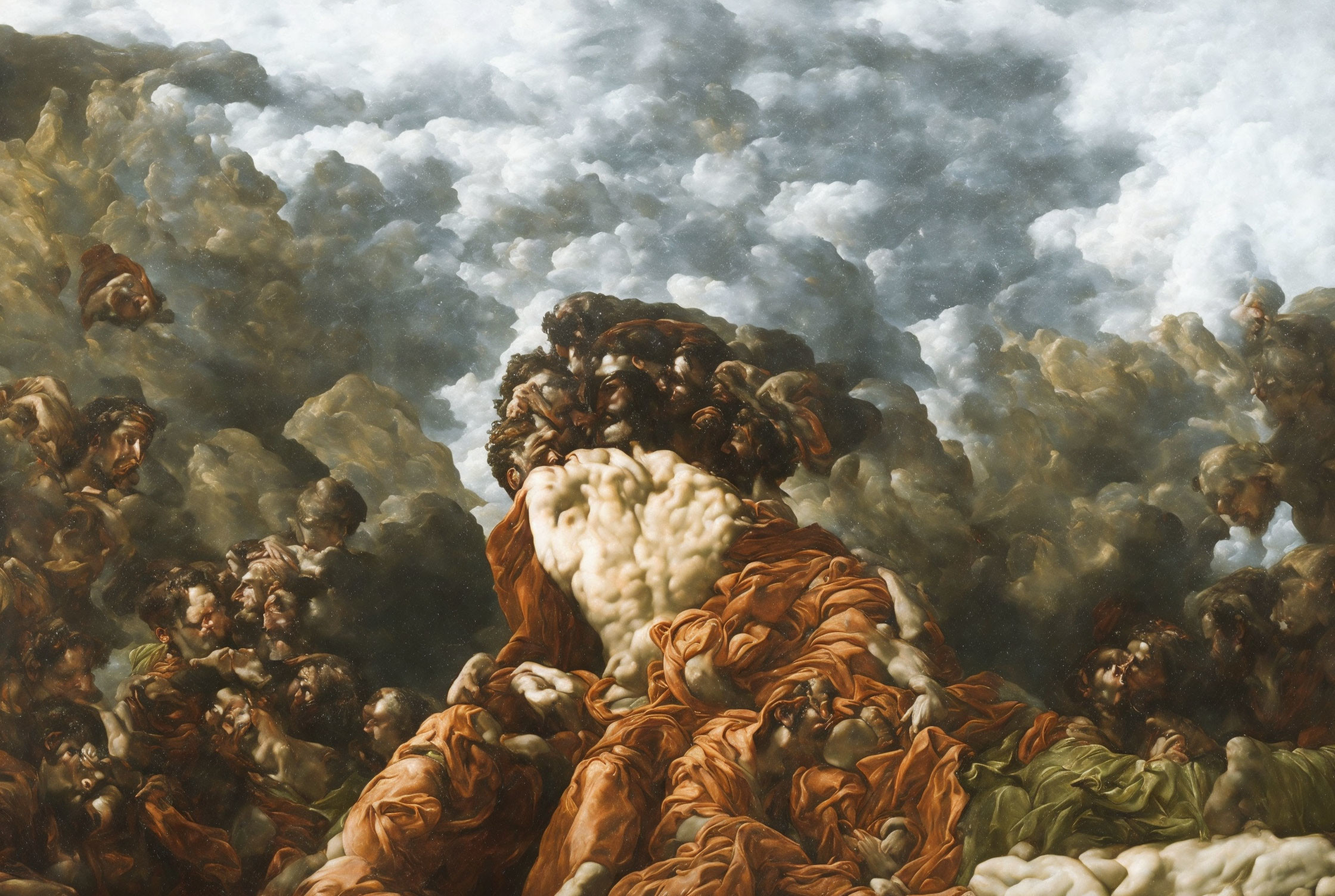 Oil painting of figure in draped robes among faces in stormy clouds