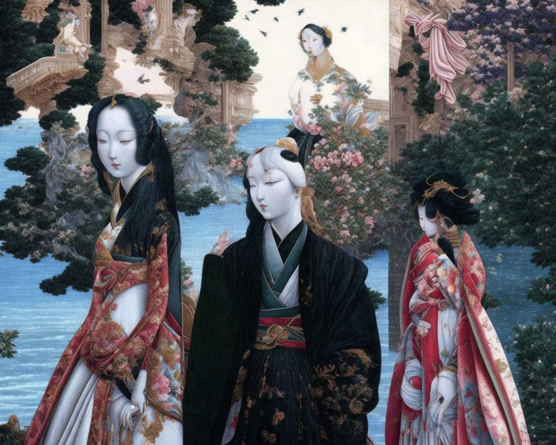 Three women in traditional Asian attire against mystical landscape