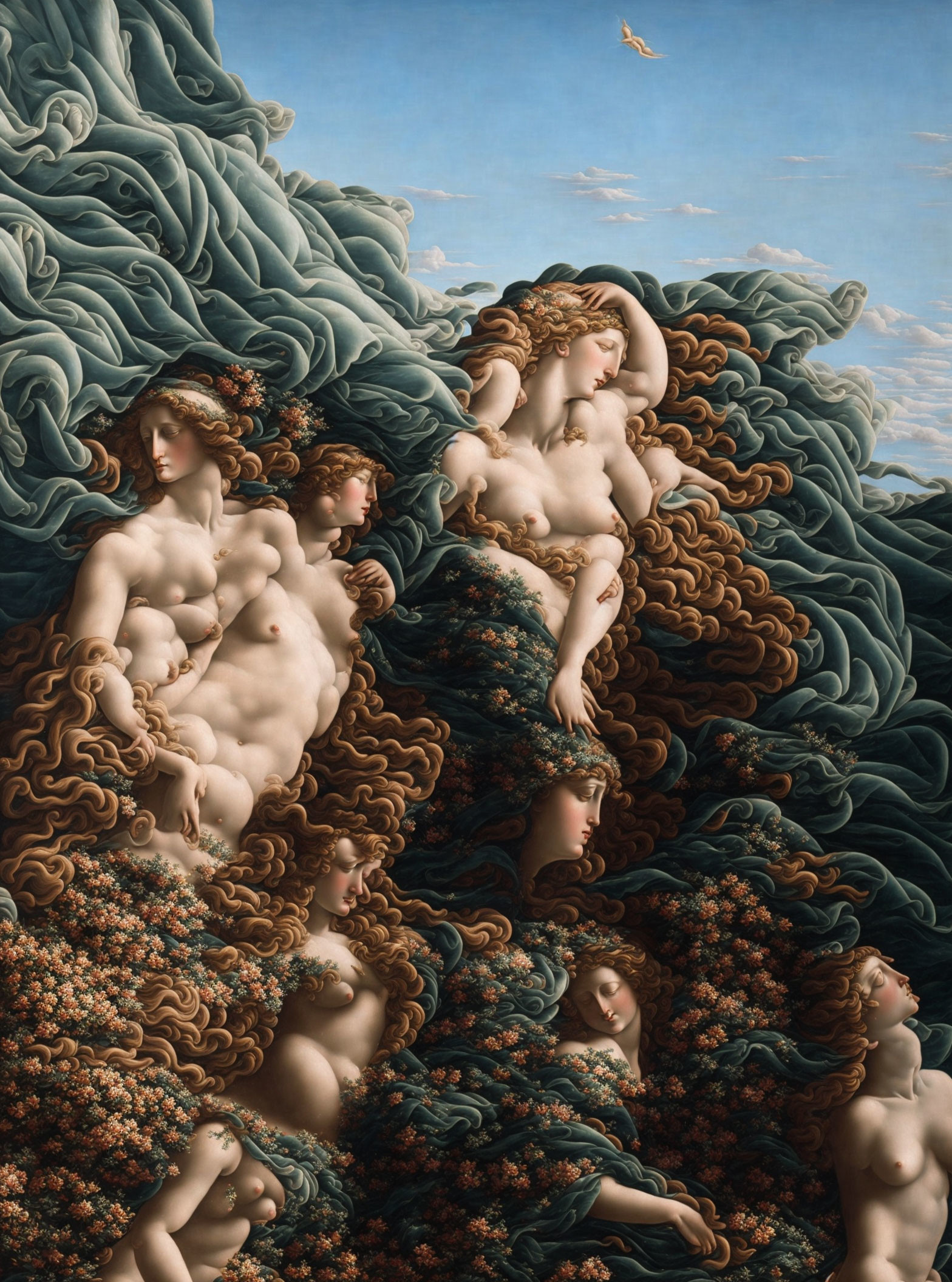 Artwork featuring women with flowing hair and floral elements by the sea.