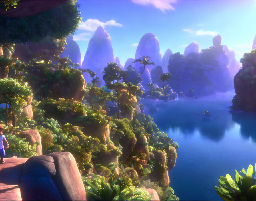 Vibrant animated landscape with lush greenery, exotic trees, and pinkish rock formations.