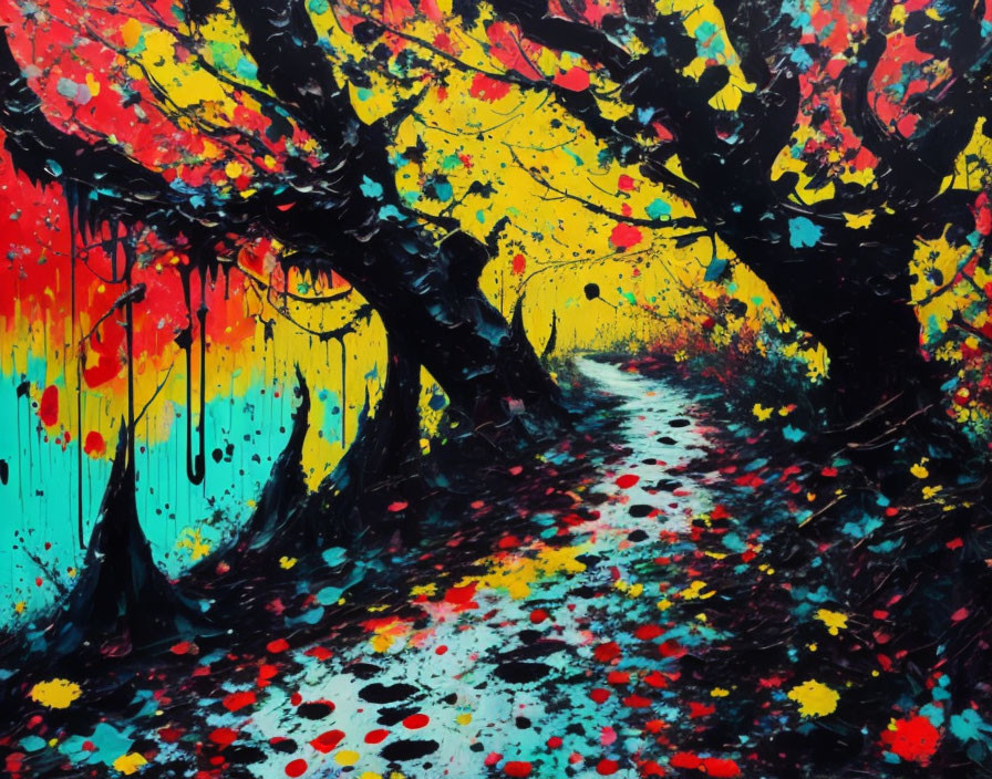 Colorful Abstract Tree Path Painting with Red, Yellow, and Blue Splatter