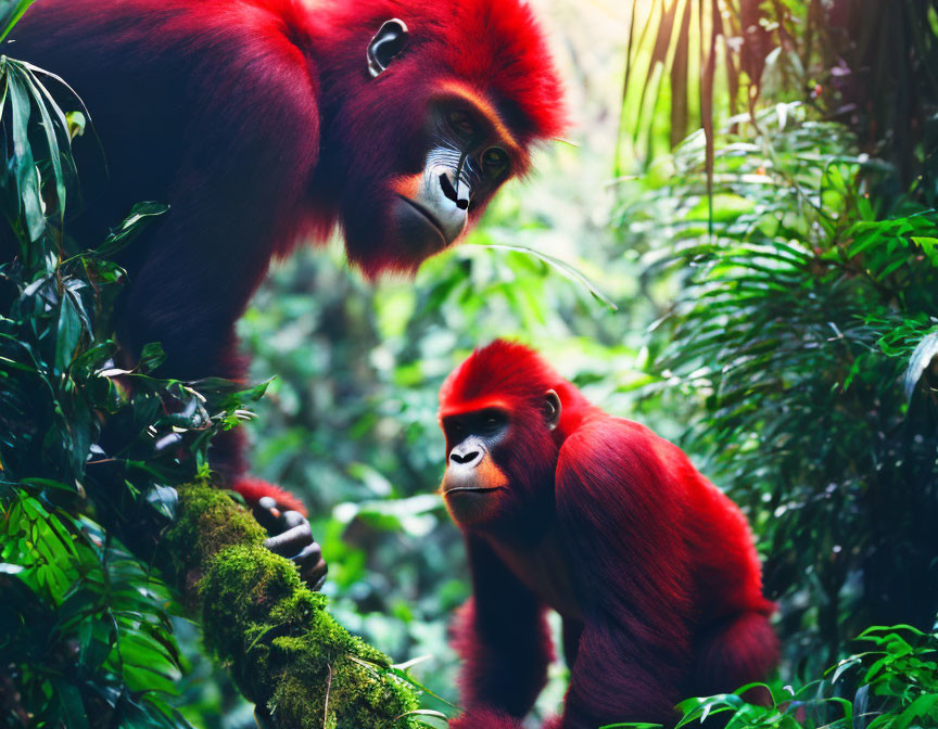 Vibrant red orangutans in lush green forest habitat