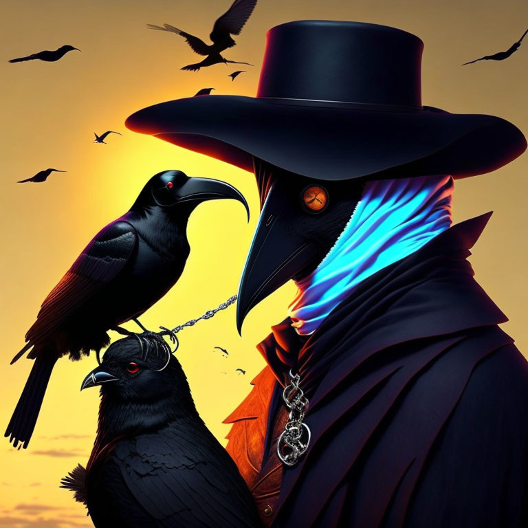 Anthropomorphic raven in top hat with glowing eye, holding chain linked to crow against sunset backdrop