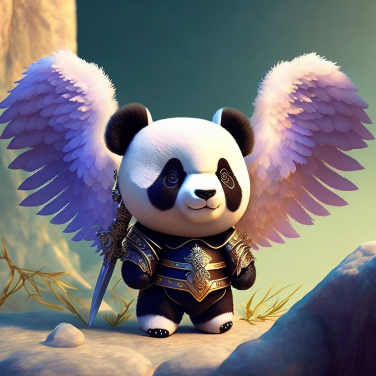 Stylized animated panda with pink wings in armor holding a sword