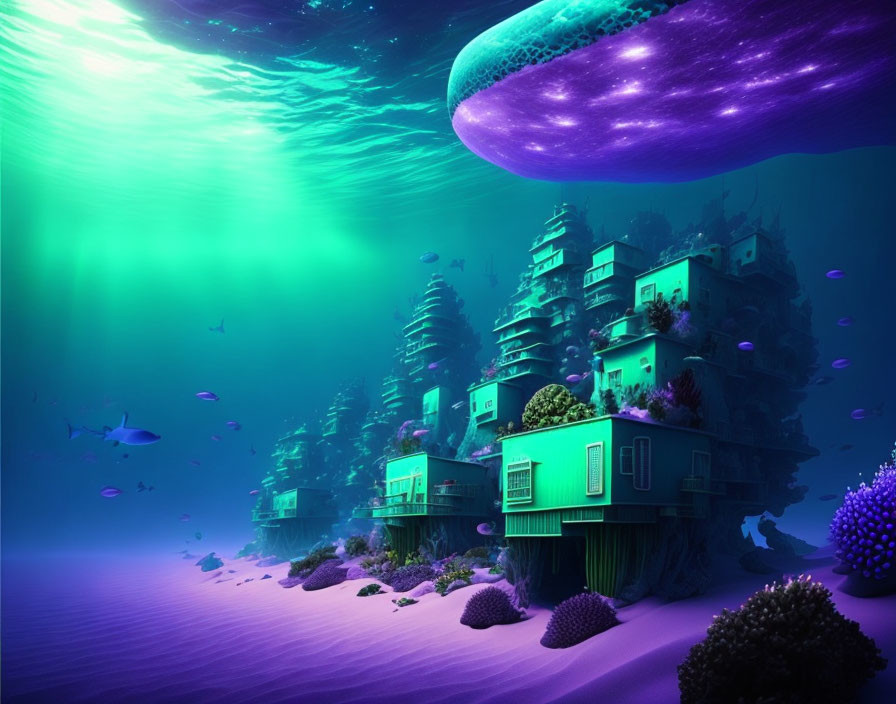 Stylized underwater scene with illuminated green habitats, whale, and ambient light