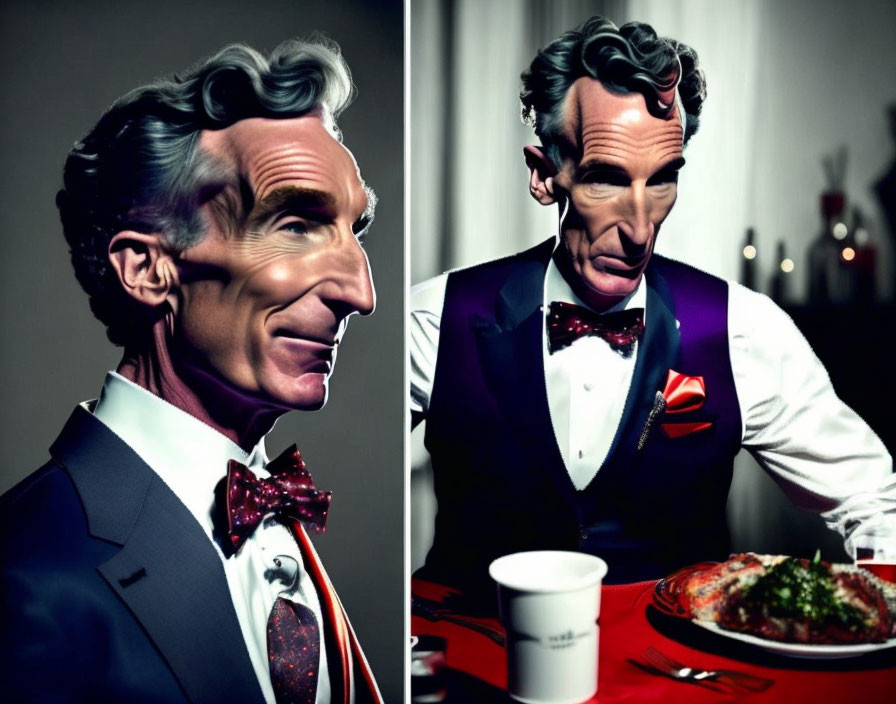 Man with Exaggerated Facial Features in Suit at Table with Meal