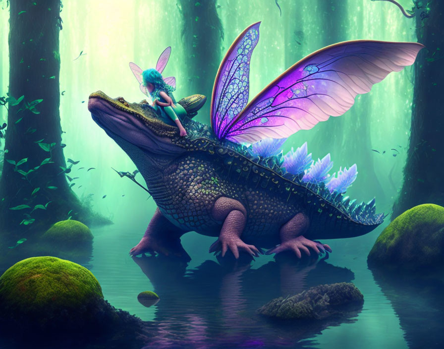 Iridescent-winged fairy on crocodile in vibrant, mystic forest