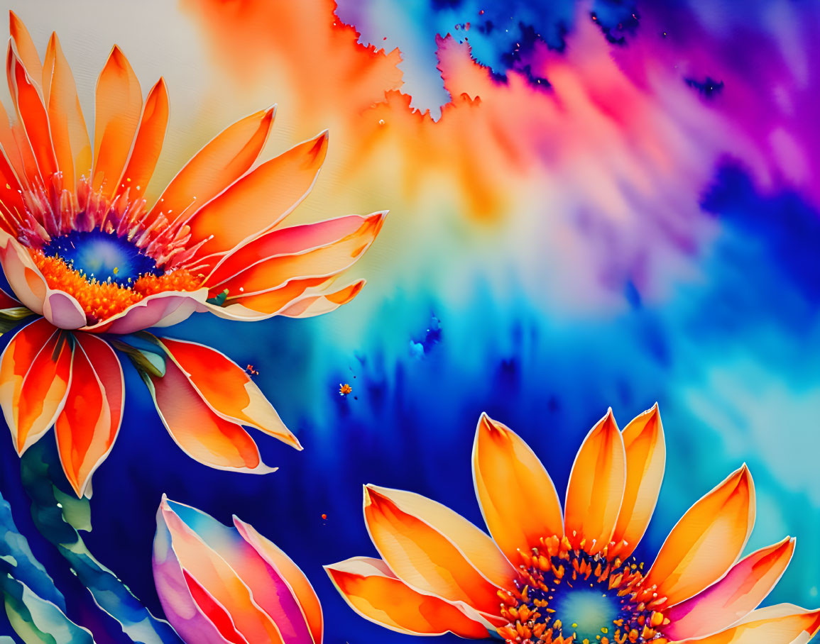 Colorful Artwork: Orange and Pink Lotus Flowers on Abstract Watercolor Background