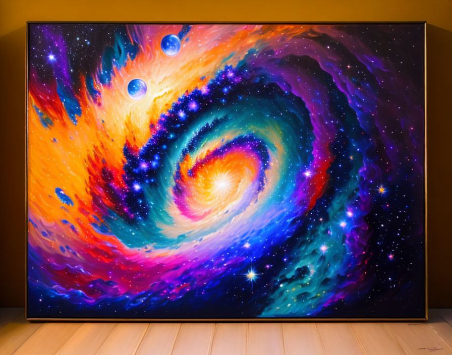 Colorful swirling galaxy painting displayed on gallery wall