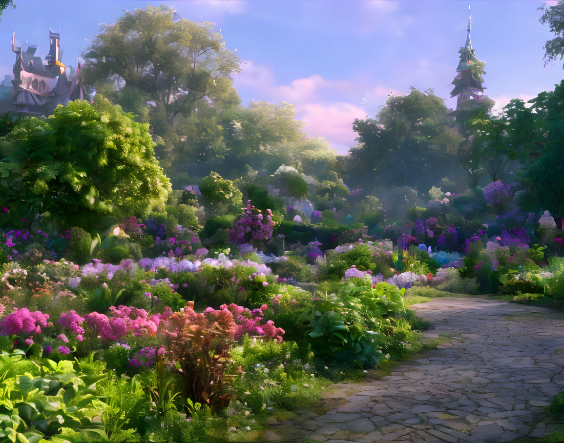 Lush flower garden with cobblestone path and fairy-tale towers