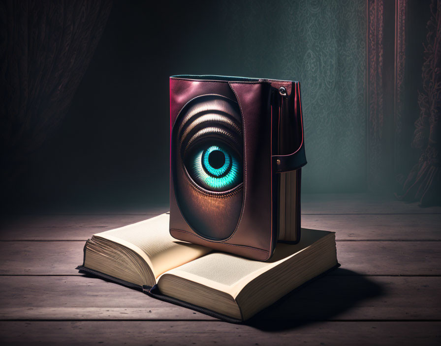 Surreal image: open book with leather cover as human eye