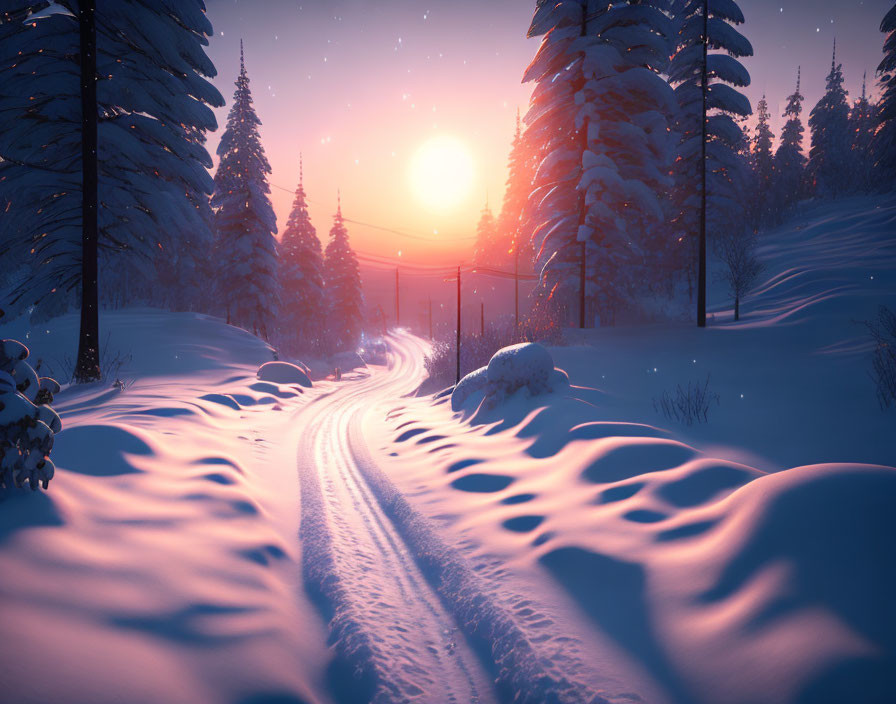 Snowy landscape at sunset with snow-laden trees and warm sky