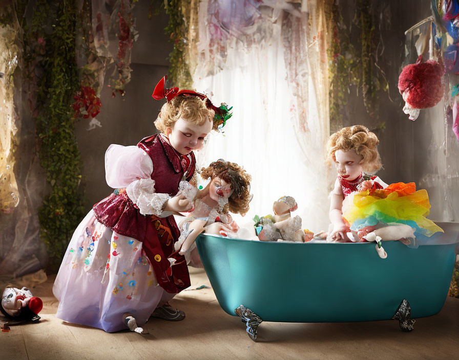 Children in whimsical costumes playing with toys in fantasy setting