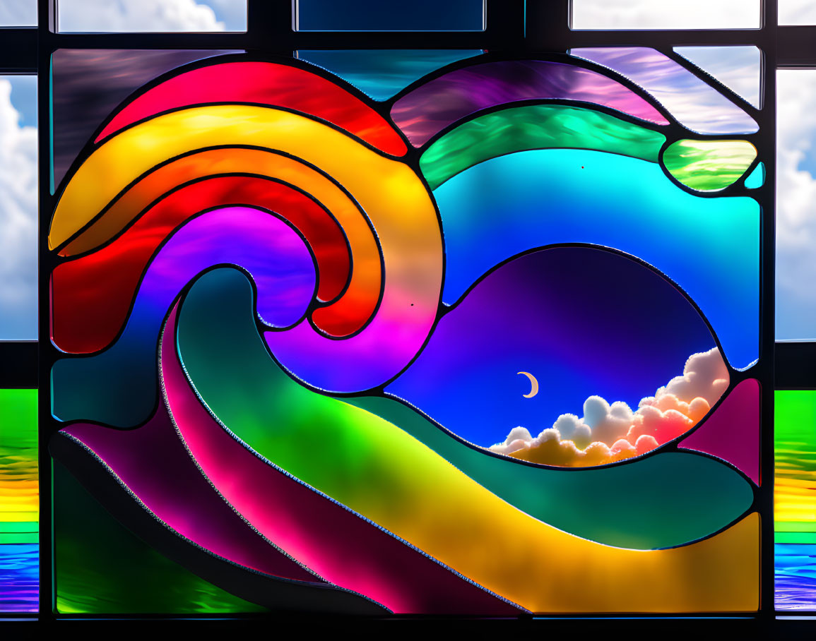 Colorful abstract waves stained glass window with crescent moon and clouds on blue sky