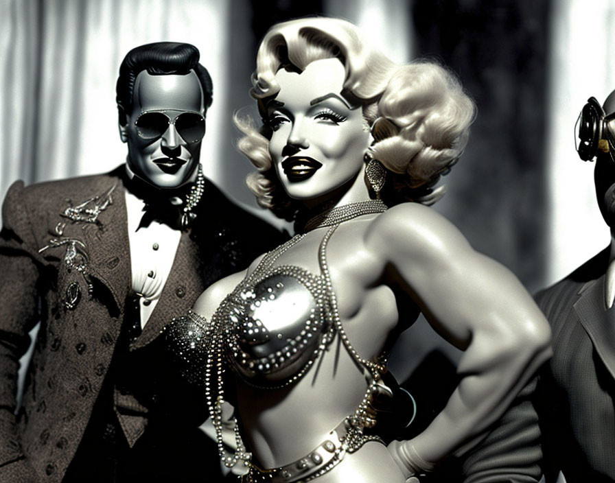 Monochrome vintage-inspired image of glamorous woman and stylish men