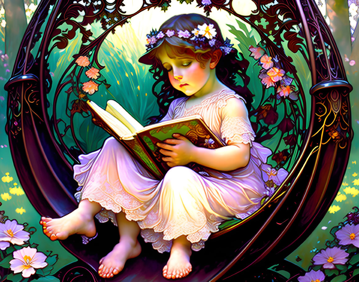 Young girl reading book in nature with ornate floral border in magical setting