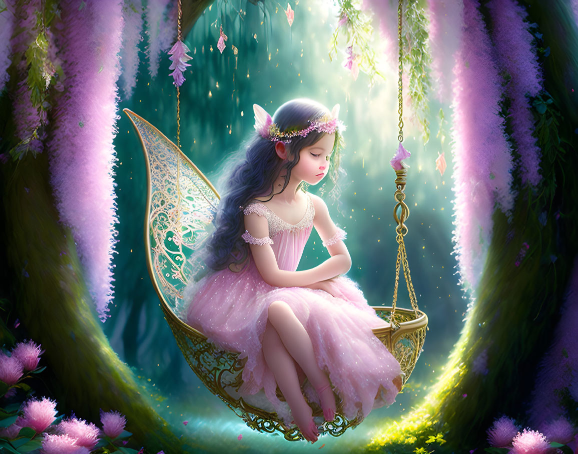 Delicate fairy with wings on swing in magical forest with pink flowers