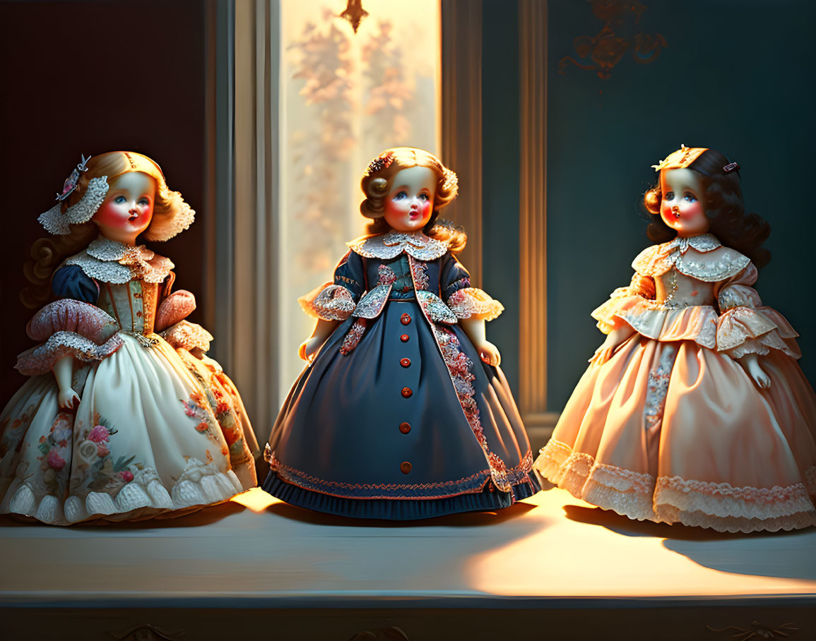 Three Vintage Porcelain Dolls in Elaborate Dresses and Bonnets on Dim Background