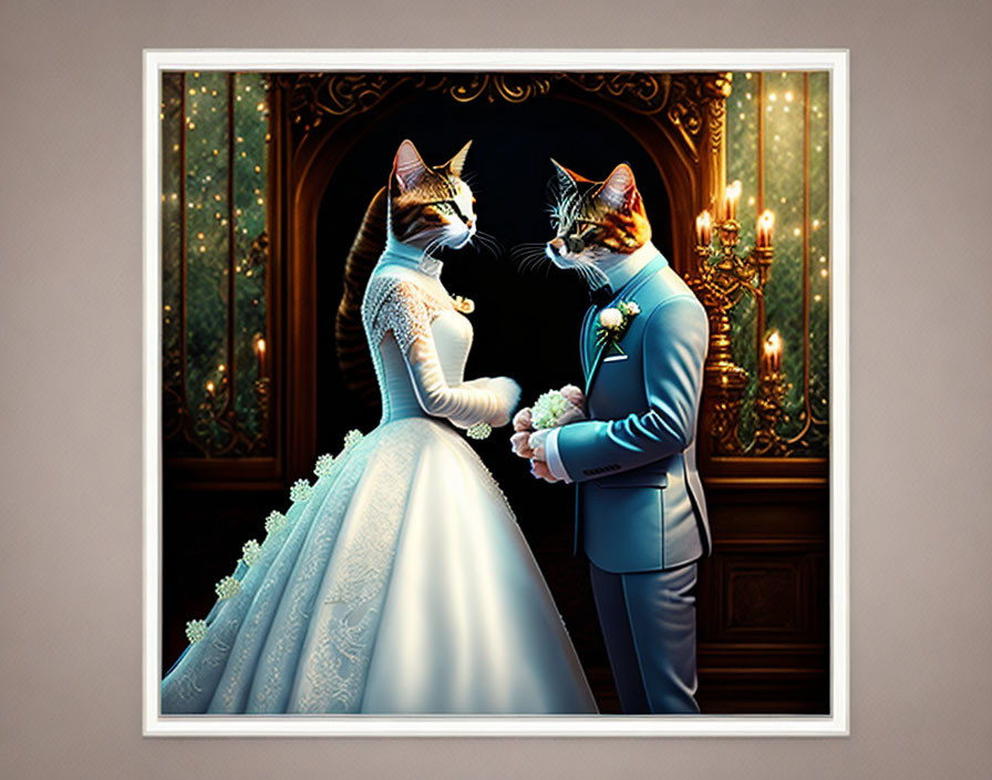 Two Cats in Wedding Attire Holding Paws by Ornate Window