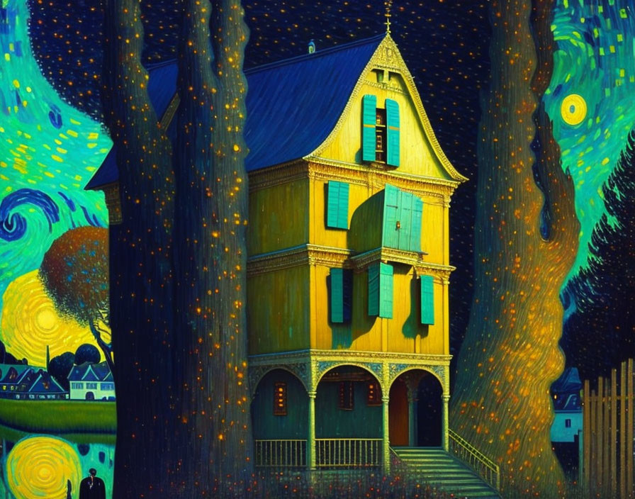 Colorful painting: Starry Night style with large yellow house & swirling night sky