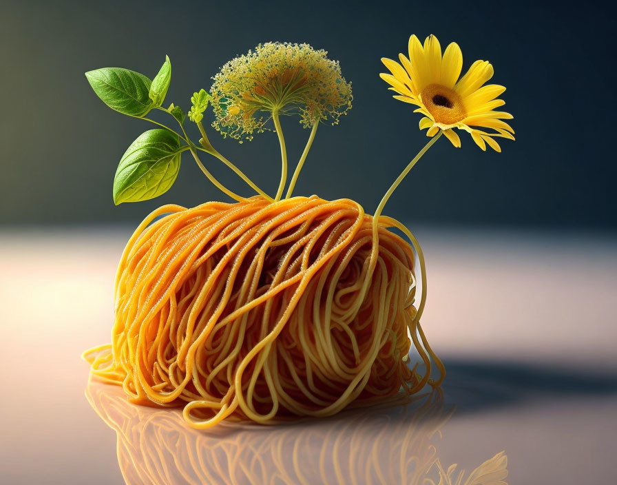 Whimsical spaghetti bundle with sunflower and dill flower on gradient background