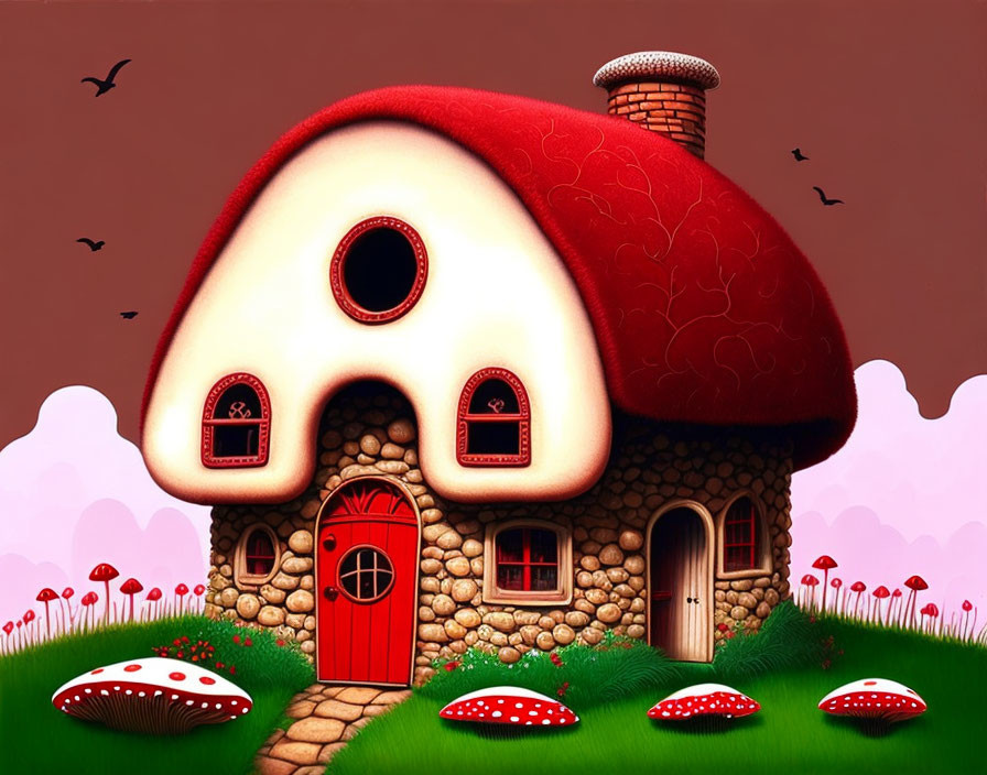Illustrated whimsical mushroom house with red cap roof and stone walls