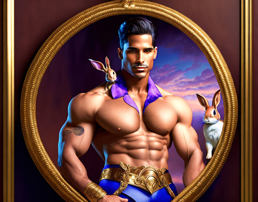Illustration of muscular man in blue and gold outfit with two rabbits in ornate frame