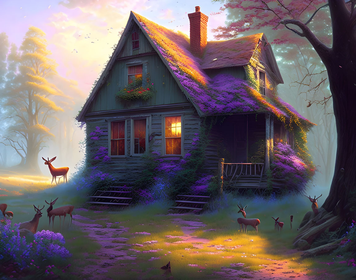 Enchanting cottage with deer in mystical forest at sunset