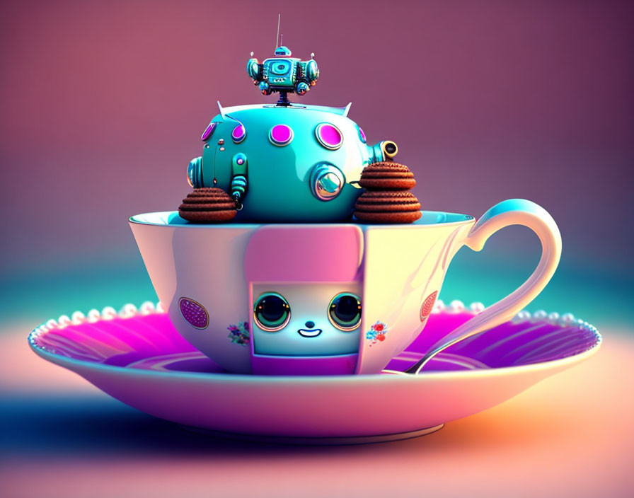 Whimsical teacup, robot, and cookies on pastel background