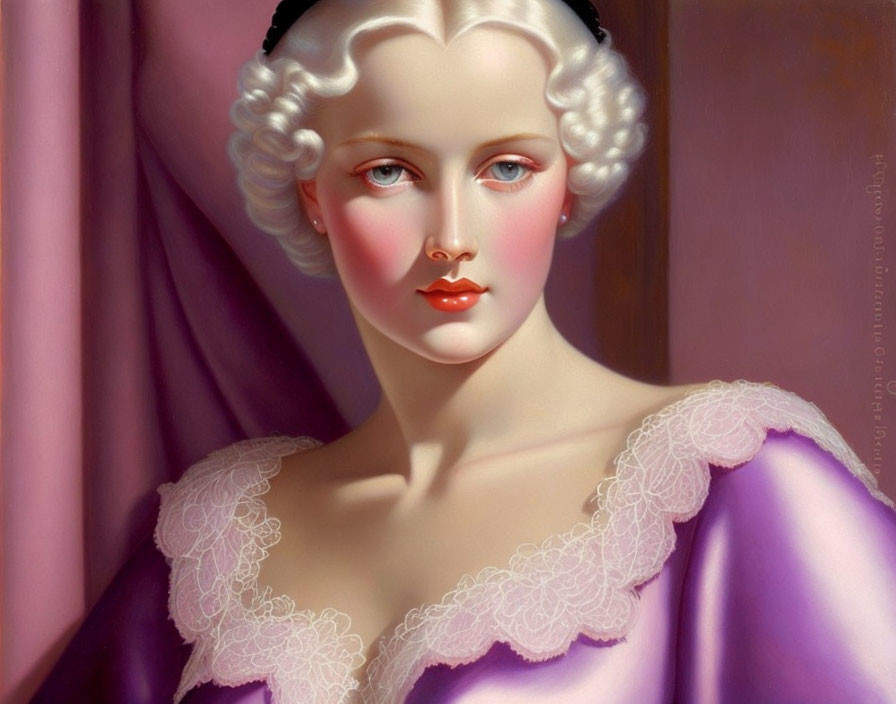 Digital artwork features woman with pale skin, curly blond hair, purple dress, white lace collar, on