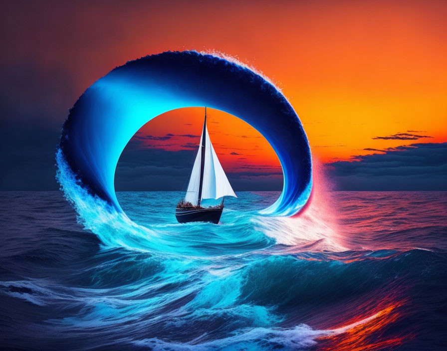 Surreal sailboat scene with circular wave and vibrant sunset colors