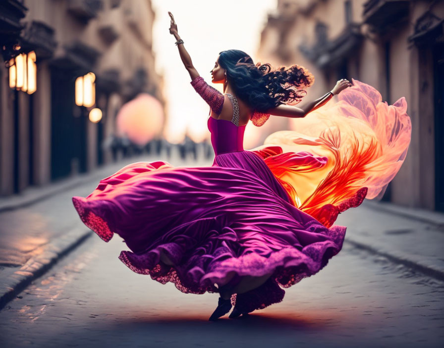 Woman in Vibrant Purple Dress Dancing on Historic Street