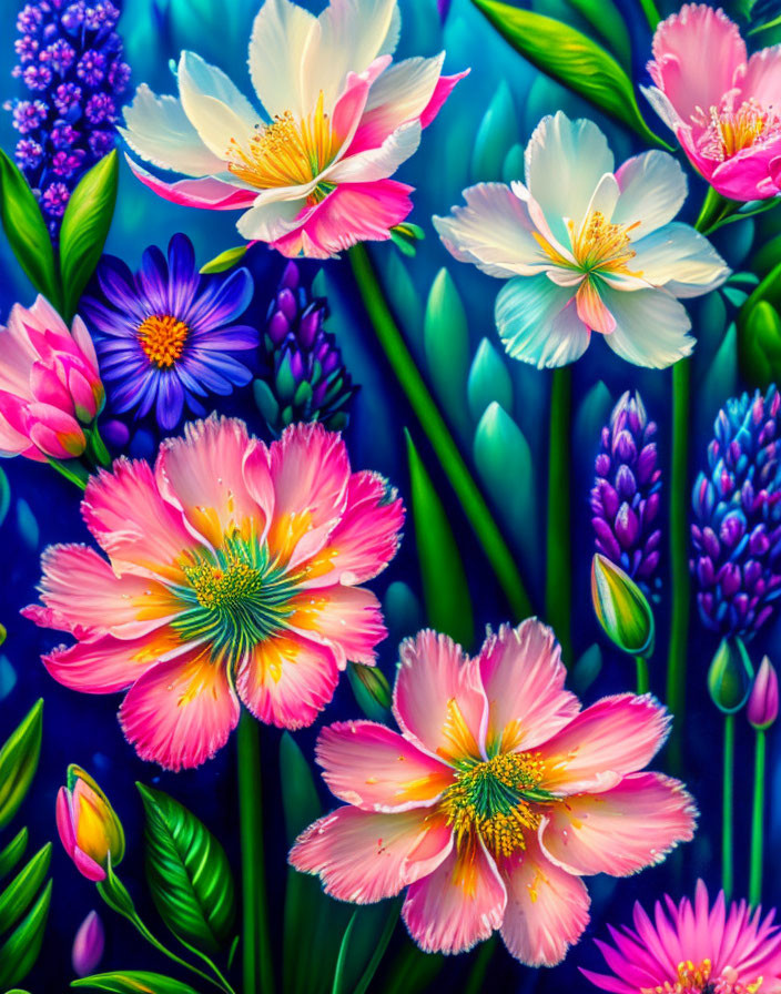 Colorful Floral Painting in Pink, White, and Blue on Deep Blue Background